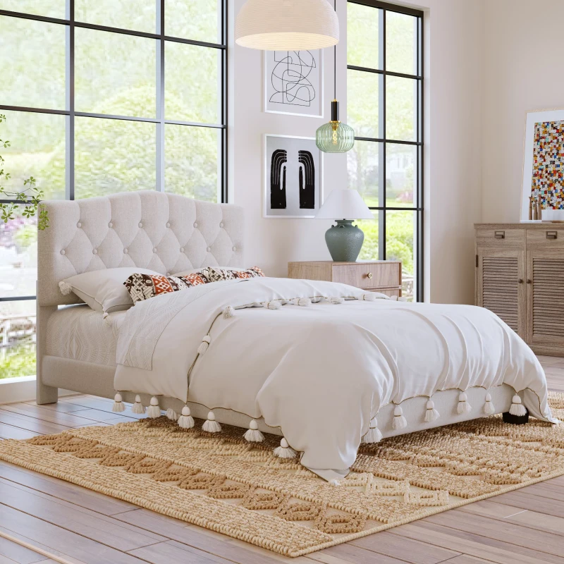 Vinsetto Upholstered Platform Bed with Saddle Curved Headboard and Diamond Tufted Details, Full Size, MDF and Solid Wood Frame, No Box Spring Required, Beige
