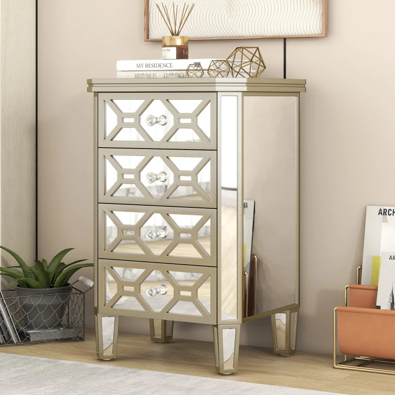 Elegant Mirrored 4-Drawer Chest with Golden Lines, Crystal Handles, and Arrow-Shape Legs for Living Room, Hallway, Entryway - 20.5" x 15.7" x 31.5", Silver