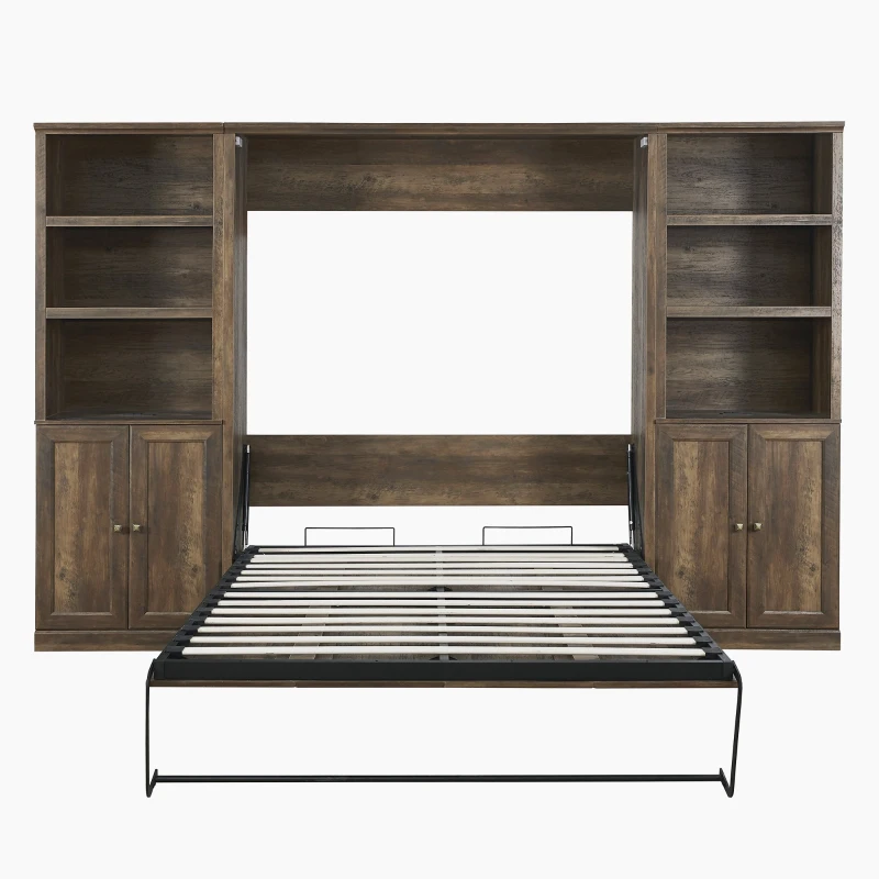 Vinsetto Full Size Murphy Wall Bed with Dual Piston System, 2 Side Cabinets with USB Ports and Shelves, Space-Saving Design, Sturdy Metal Frame, 800 lbs Capacity, Brown