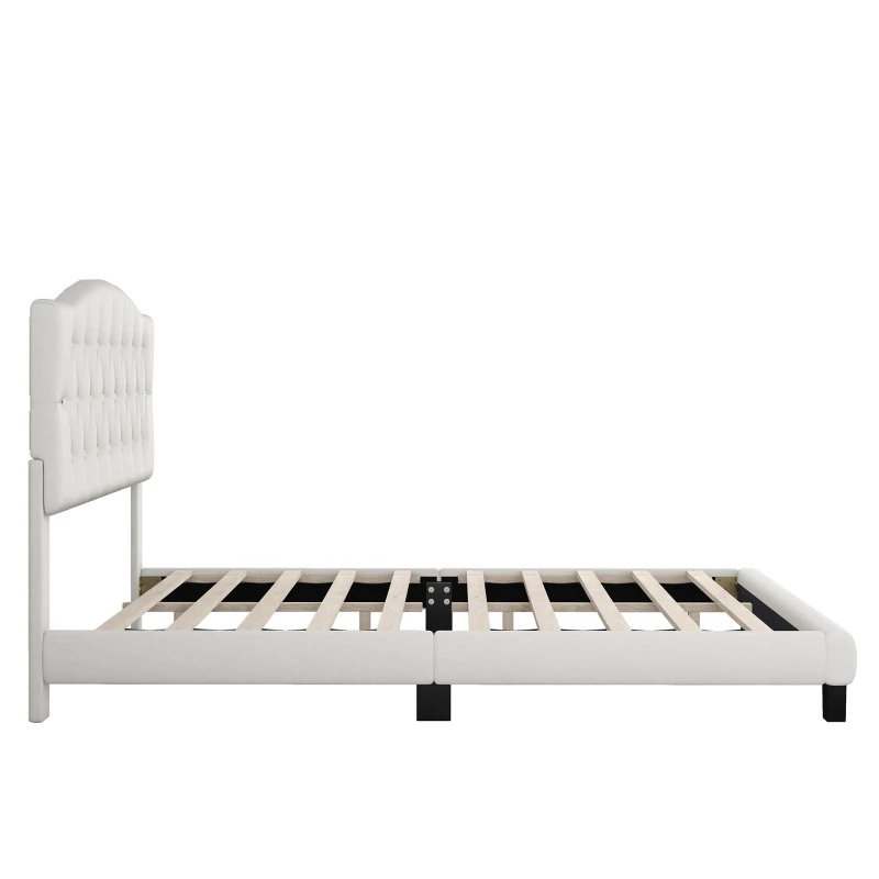 Upholstered Platform Bed with Saddle Curved Headboard and Diamond Tufted Details, Queen Size, MDF and Solid Wood Frame, No Box Spring Required, Beige