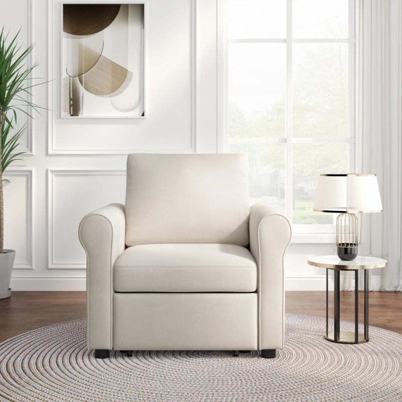 3-in-1 Sofa Bed Chair, Convertible Sleeper with Adjustable Backrest, High Density Foam, and Convenient Wheels, 34"L x33.5"W x33"H, White