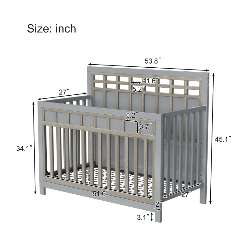 Certified Baby Safe Crib, Pine Solid Wood, Non-Toxic Finish, Adjustable Mattress Height, JPMA Certified, 53.8" L x 27" W x 45.1" H, Gray