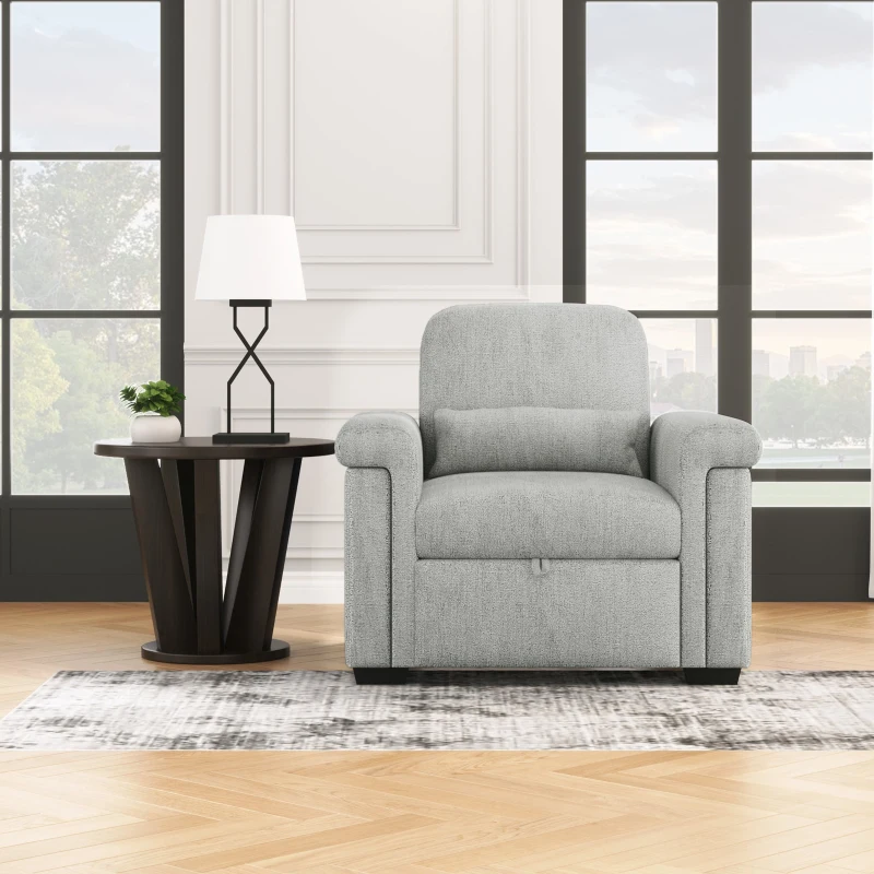 3-in-1 Convertible Sleeper Chair Sofa Bed, Adjustable Backrest with Pillow, Wood & Steel Frame, Gray