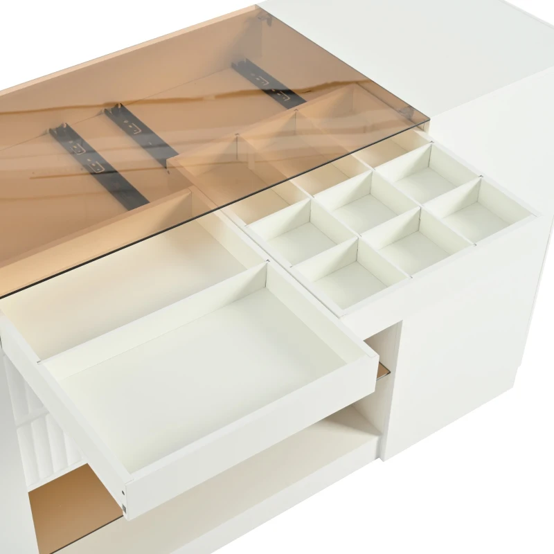 Modern Luxury Multi-Functional Island Vanity Dresser and Storage Cabinet with Glass Tabletop, 6 Drawers, and Display Shelf for Walk-in Wardrobe and Bedroom, 60.4"x18.7"x33.1", Cream White