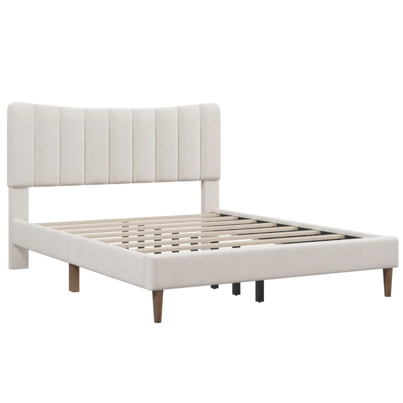 Vinsetto Upholstered Platform Bed Frame with Vertical Channel Tufted Headboard, No Box Spring Needed, Queen Size, Durable MDF and Solid Wood, 800 lbs Weight Capacity, Cream