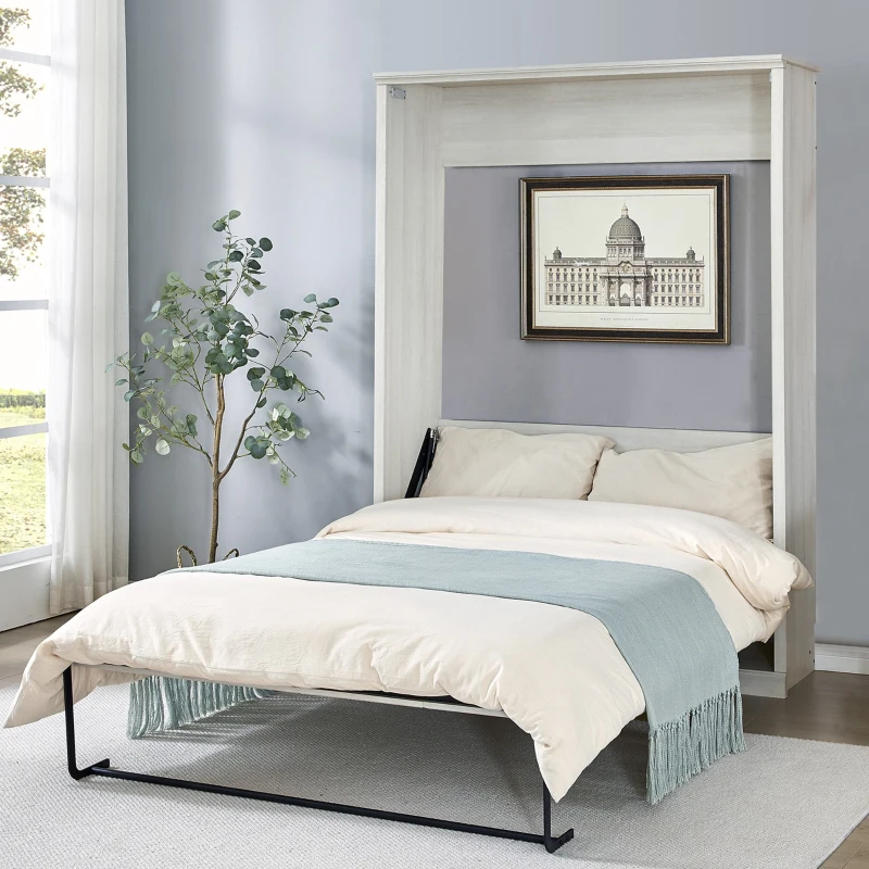 Vinsetto Full Size Murphy Wall Bed Cabinet, Space-Saving Bed with Dual Piston System, Sturdy Metal Frame, and Adjustable Mattress Support, 59.4" x 17.5" x 81.5", Rustic White