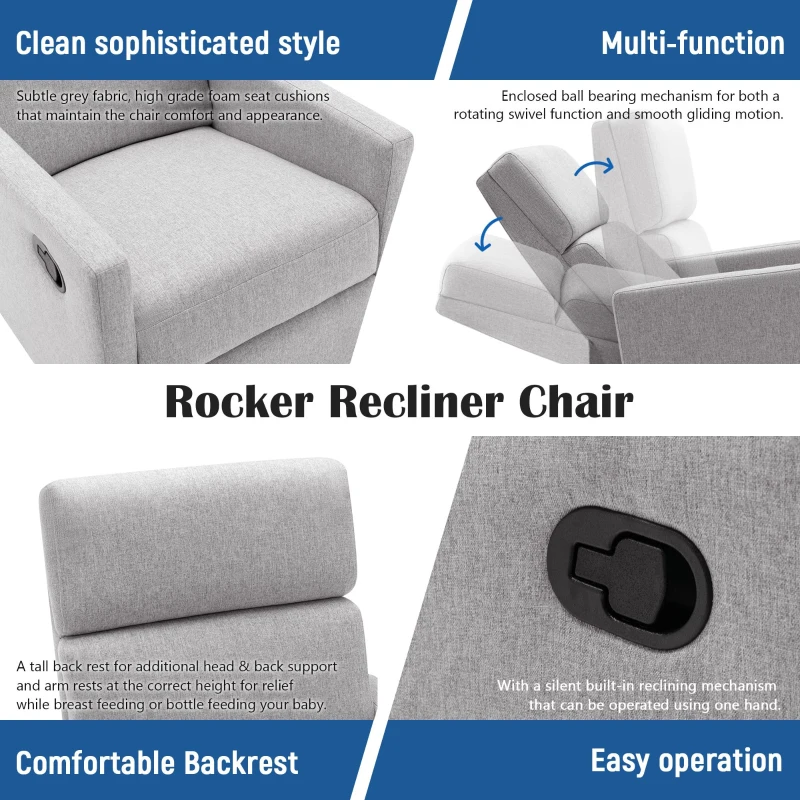 Modern Upholstered Rocker Nursery Chair, Plush Seating Glider Swivel Recliner with Adjustable Recline and Tall Backrest, 33.0" x 25.5" x 37.5", Gray