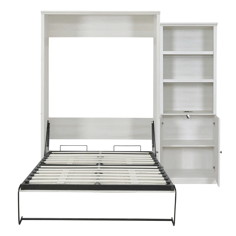 Vinsetto Queen Size Murphy Wall Bed with Side Cabinet, Dual Piston System, Built-in USB Ports, and Ample Storage Shelves, Rustic White