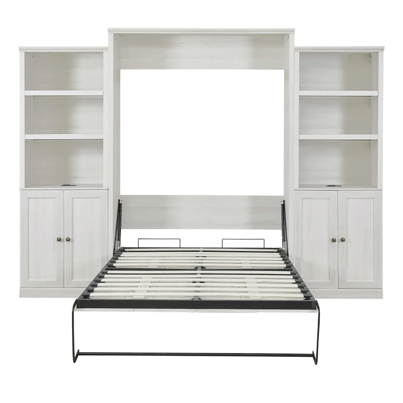 Vinsetto Queen Size Murphy Wall Bed with Dual Piston System, 2 Side Cabinets with Adjustable Shelves and Built-in USB Ports, Space-Saving Design, 800 lbs Weight Capacity, Rustic White