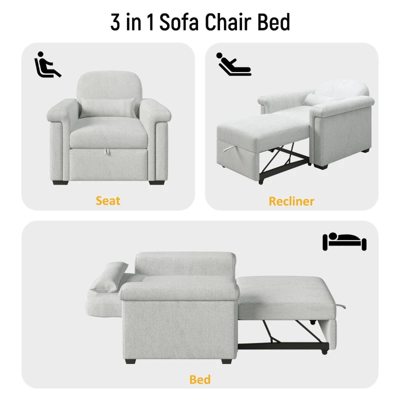 3-in-1 Convertible Sleeper Chair Sofa Bed with Adjustable Backrest and Pillow, Space-Saving Pull-Out Design, Wood and Steel Frame, Beige