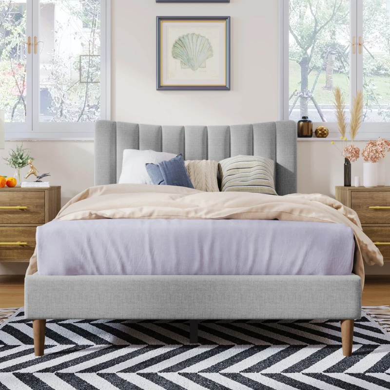 Vinsetto Upholstered Platform Bed Frame with Vertical Channel Tufted Headboard, No Box Spring Needed, Full Size, Durable MDF and Solid Wood Frame, 79.5"x58.7"x45.7", Gray