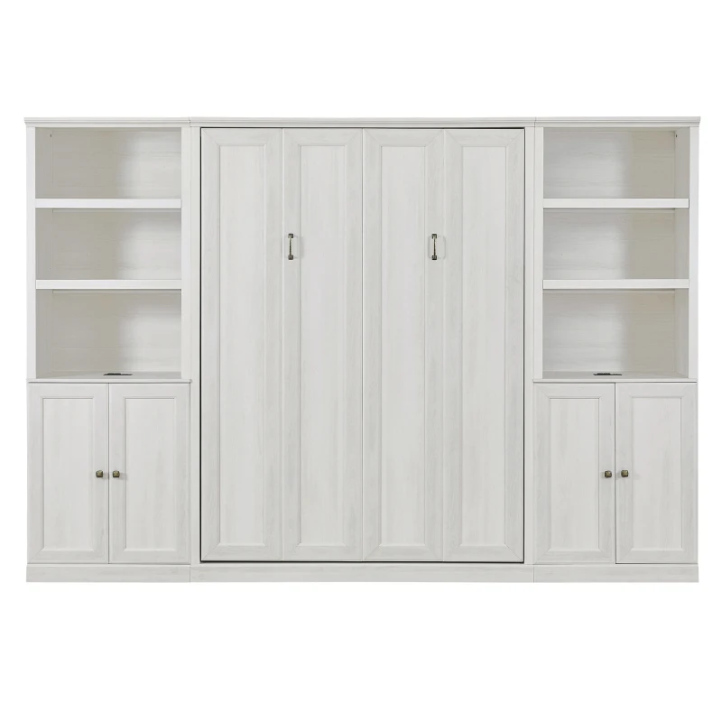 Vinsetto Full Size Murphy Wall Bed with Dual Piston System, 2 Side Cabinets with USB Ports and Shelves, Space-Saving Design, Sturdy Metal Frame, 800 lbs Capacity, Rustic White