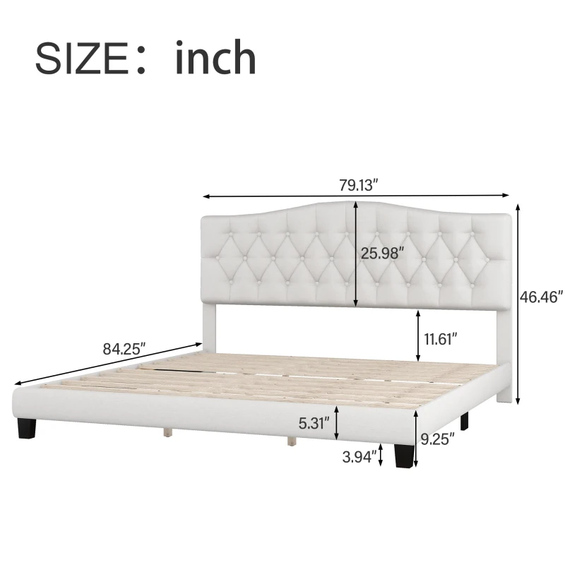 Upholstered Platform Bed with Saddle Curved Headboard and Diamond Tufted Details, King, Solid Wood Frame, No Box Spring Required, 84.25" x 79.13" x 46.46", Beige