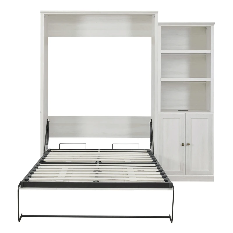 Vinsetto Queen Size Murphy Wall Bed with Side Cabinet, Dual Piston System, Built-in USB Ports, and Ample Storage Shelves, Rustic White