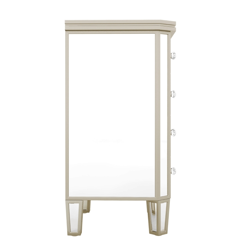 Elegant Mirrored 4-Drawer Chest with Golden Lines, Crystal Handles, and Arrow-Shape Legs for Living Room, Hallway, Entryway - 20.5" x 15.7" x 31.5", Silver