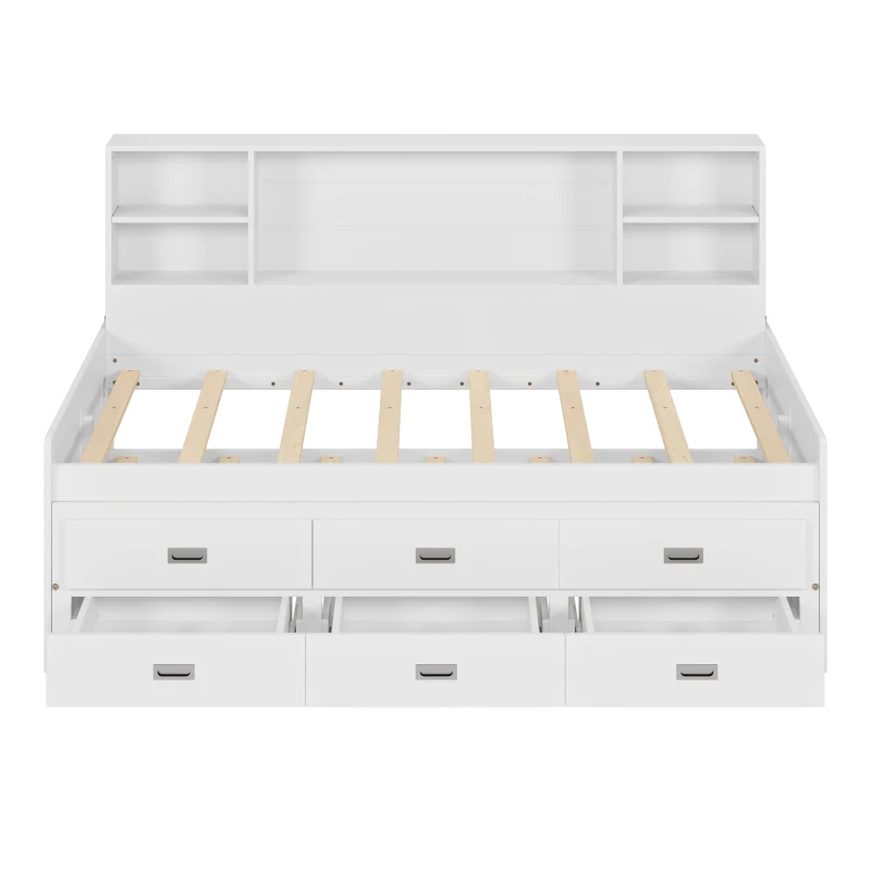 Twin Size Captain DayBed with Trundle, Storage Bookcase Headboard, and Three Drawers, MDF and Solid Pine Wood Frame, White