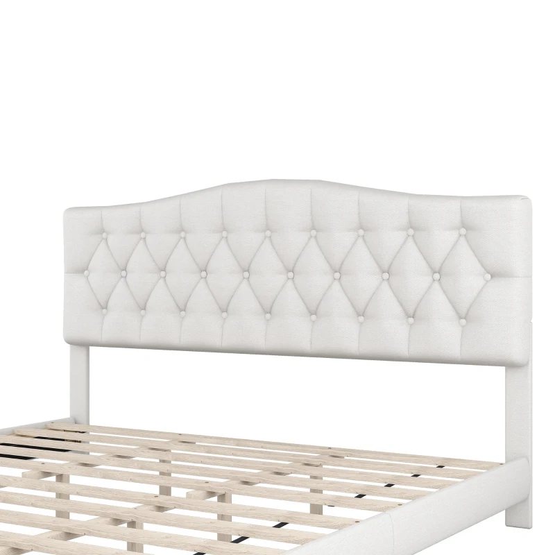 Upholstered Platform Bed with Saddle Curved Headboard and Diamond Tufted Details, King, Solid Wood Frame, No Box Spring Required, 84.25" x 79.13" x 46.46", Beige