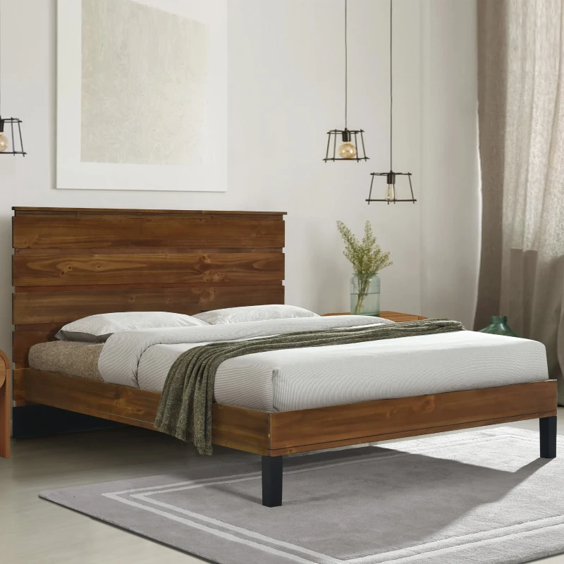 Vinsetto Mid-Century Modern Solid Wood King Bed Frame with Six-Piece Headboard, No Box Spring Needed, Easy Assembly, Brown