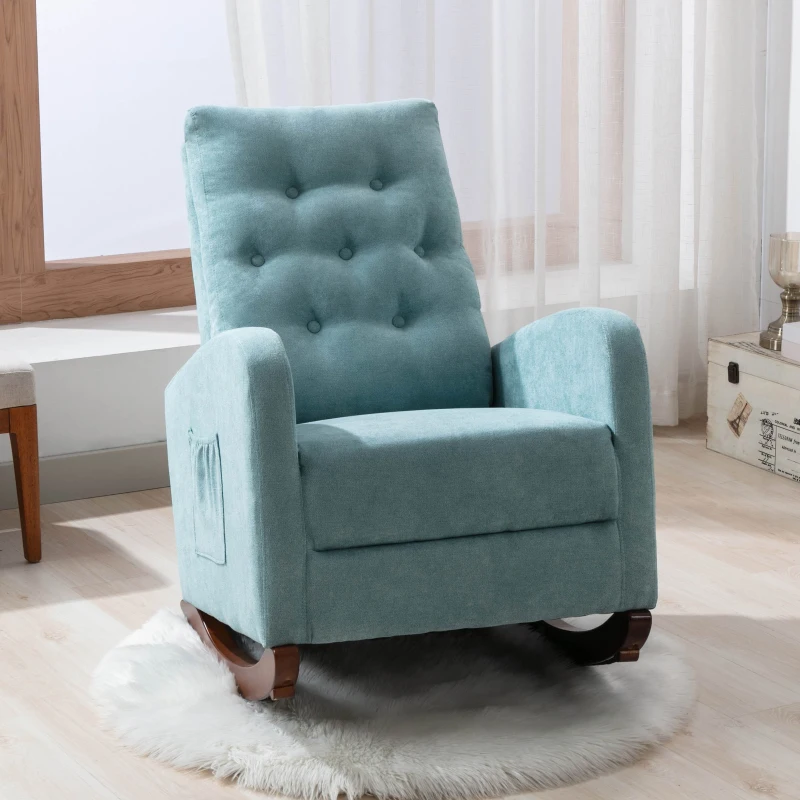 Baby Room High Back Rocking Chair, Comfortable Nursery Rocker with Padded Seat, Modern Armchair with Cotton Fabric and Rubber Wood Legs, 26.0" x 40.0" x 37.0", Mint Green