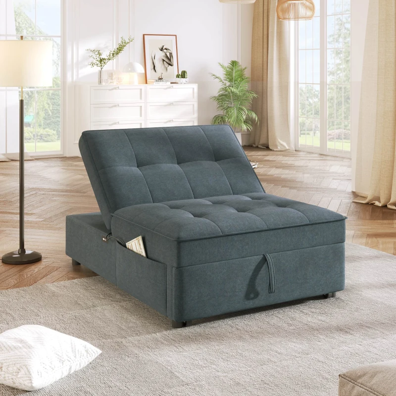 4-in-1 Sofa Bed Chair, Multi-Function Folding Ottoman Bed with Storage Pocket and USB Port, 5-Level Adjustable Backrest, 72.5" x 26.75" x 18.0", Dark Blue