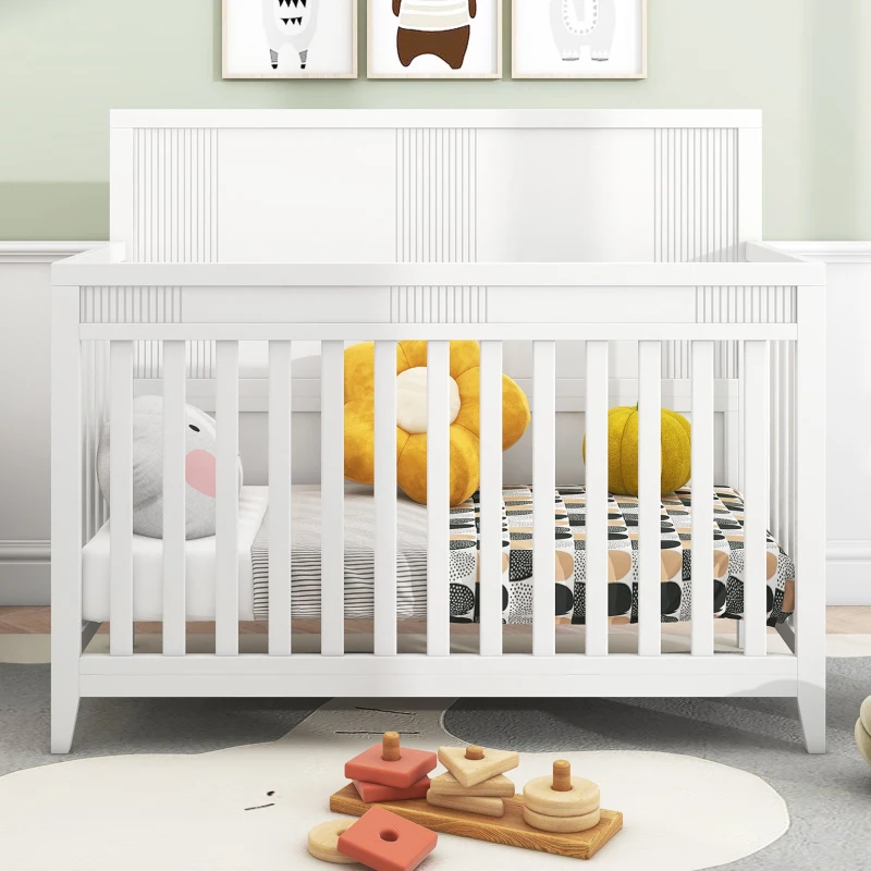 Certified Baby Safe Crib, Pine Solid Wood, Non-Toxic Finish, Adjustable Mattress Height, 53.8" x 27" x 45.1", White