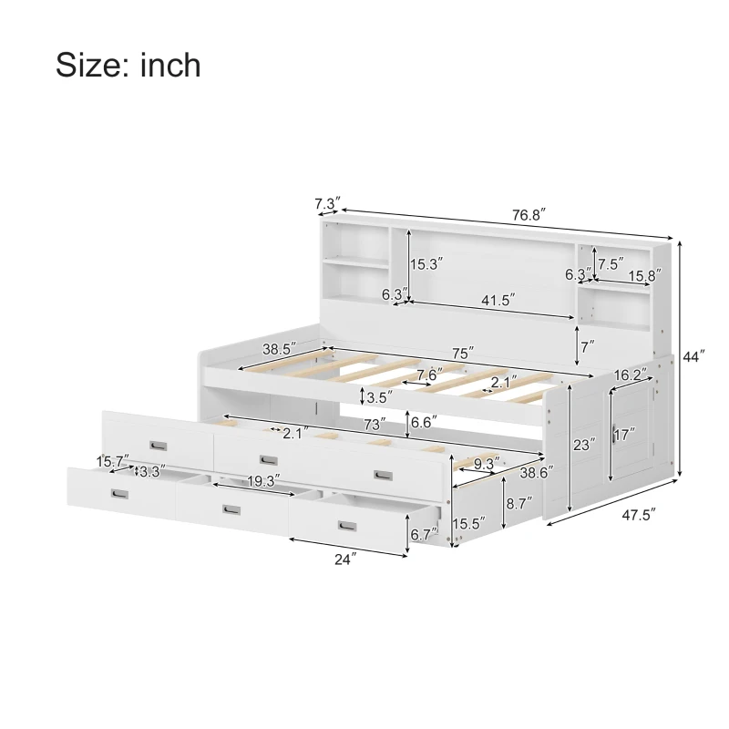 Twin Size Captain DayBed with Trundle, Storage Bookcase Headboard, and Three Drawers, MDF and Solid Pine Wood Frame, White