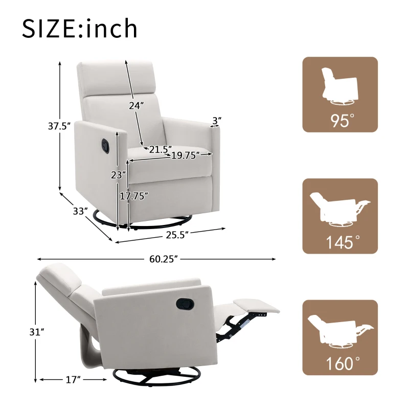 Modern Upholstered Rocker Nursery Chair, Plush Seating Glider Swivel Recliner with Adjustable Recline and Tall Backrest, 33.0" x 25.5" x 37.5", Beige