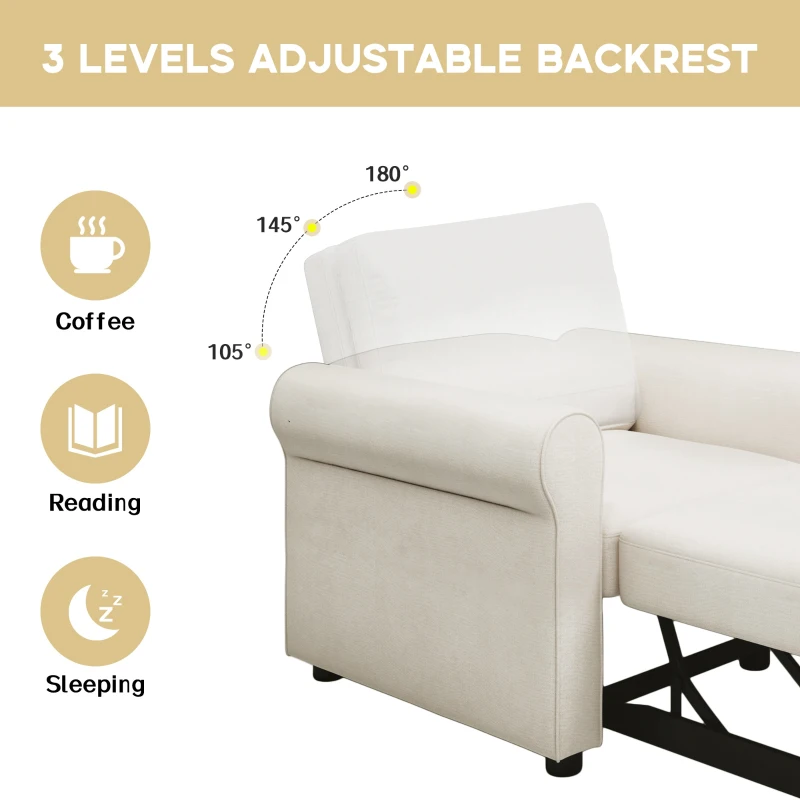 3-in-1 Sofa Bed Chair, Convertible Sleeper with Adjustable Backrest, High Density Foam, and Convenient Wheels, 34"L x33.5"W x33"H, White