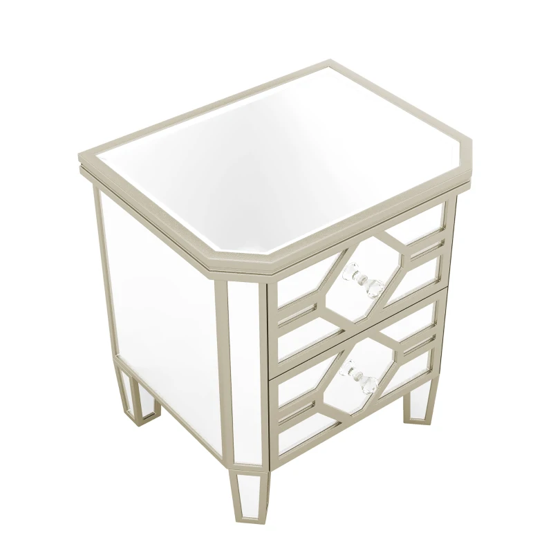 Elegant Mirrored 2-Drawer Side Table with Golden Lines, Crystal Handles, and Arrow-Shape Legs for Living Room, Hallway, Entryway, 19.7" x 15.7" x 21.7", Silver