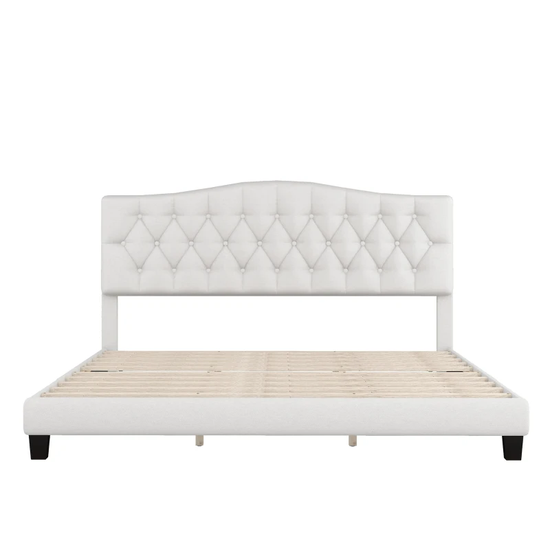 Upholstered Platform Bed with Saddle Curved Headboard and Diamond Tufted Details, King, Solid Wood Frame, No Box Spring Required, 84.25" x 79.13" x 46.46", Beige