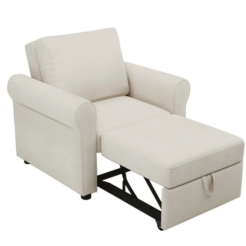 3-in-1 Sofa Bed Chair, Convertible Sleeper with Adjustable Backrest, High Density Foam, and Convenient Wheels, 34"L x33.5"W x33"H, White