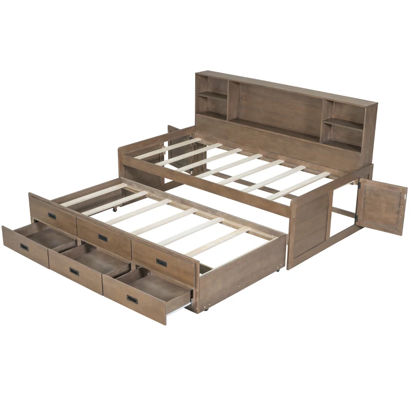 Vinsetto Twin Size Captain DayBed with Trundle, Storage Bookcase Headboard, and Three Drawers for Kids and Teens, MDF and Solid Pine Wood Frame, Walnut