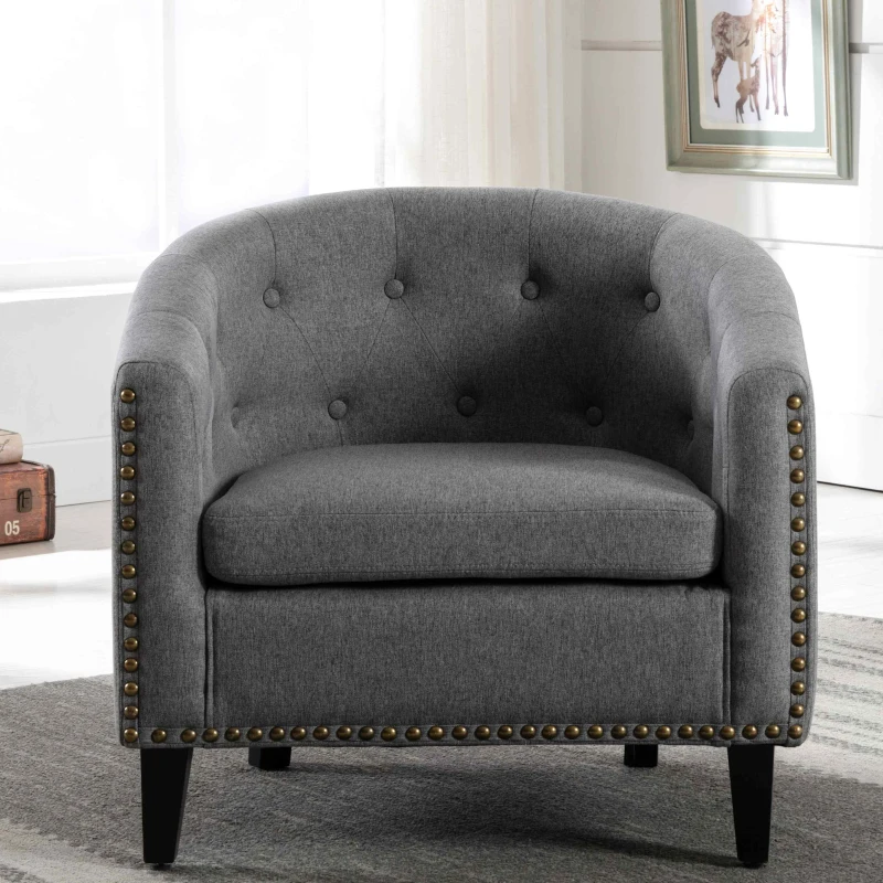 Linen Fabric Tufted Barrel Chair, Chesterfield-Inspired Tub Chair for Living Room and Bedroom, Rubber Wood Legs, Foam Fill, 28.30" x 24.00" x 27.50" , Grey