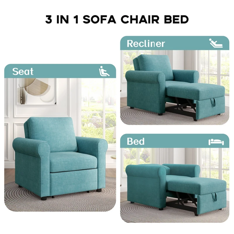 3-in-1 Convertible Sofa Bed Chair, Adjustable Backrest, High Density Foam, Sturdy Metal Frame, Convenient Wheels, 34"L x 33.5"W x 33"H, Teal