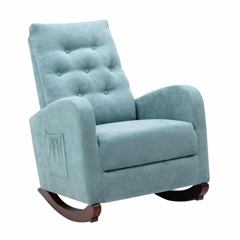 Baby Room High Back Rocking Chair, Comfortable Nursery Rocker with Padded Seat, Modern Armchair with Cotton Fabric and Rubber Wood Legs, 26.0" x 40.0" x 37.0", Mint Green