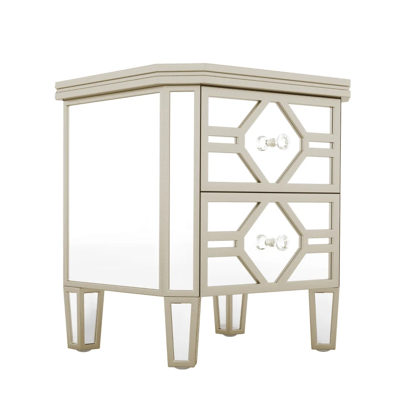 Elegant Mirrored 2-Drawer Side Table with Golden Lines, Crystal Handles, and Arrow-Shape Legs for Living Room, Hallway, Entryway, 19.7" x 15.7" x 21.7", Silver