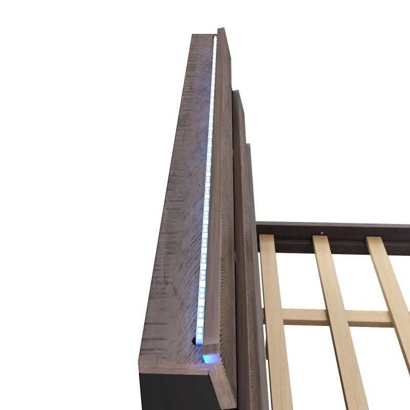 Vinsetto Mid Century Modern Queen Bed Frame with Bookshelf, LED Lights, USB Ports, and Textured Wood Veneer, Walnut+black