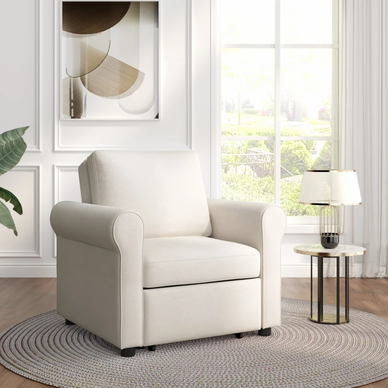 3-in-1 Sofa Bed Chair, Convertible Sleeper with Adjustable Backrest, High Density Foam, and Convenient Wheels, 34"L x33.5"W x33"H, White