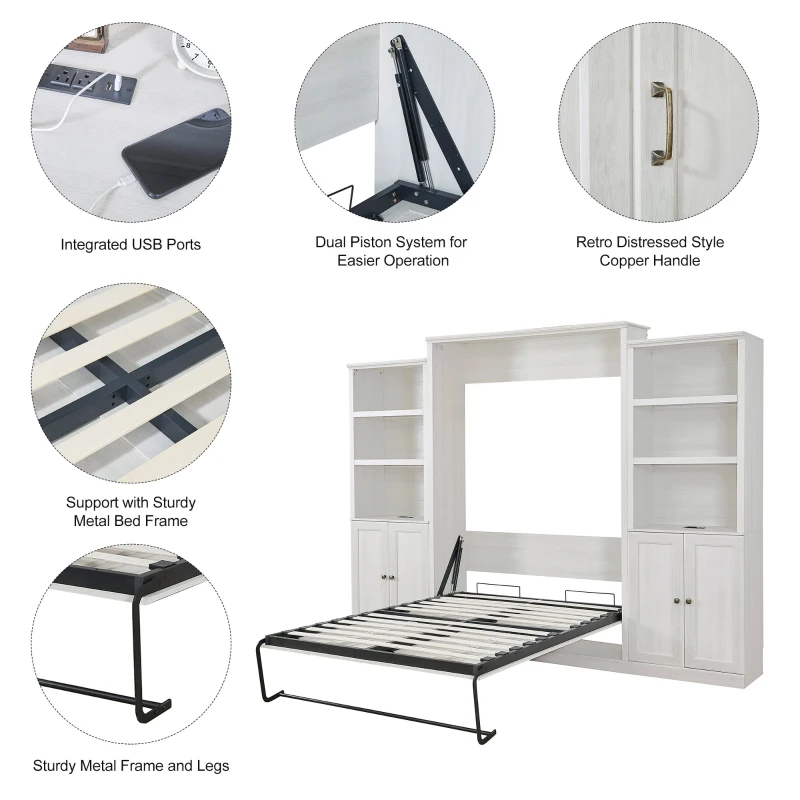 Vinsetto Queen Size Murphy Wall Bed with Side Cabinet, Dual Piston System, Built-in USB Ports, and Ample Storage Shelves, Rustic White