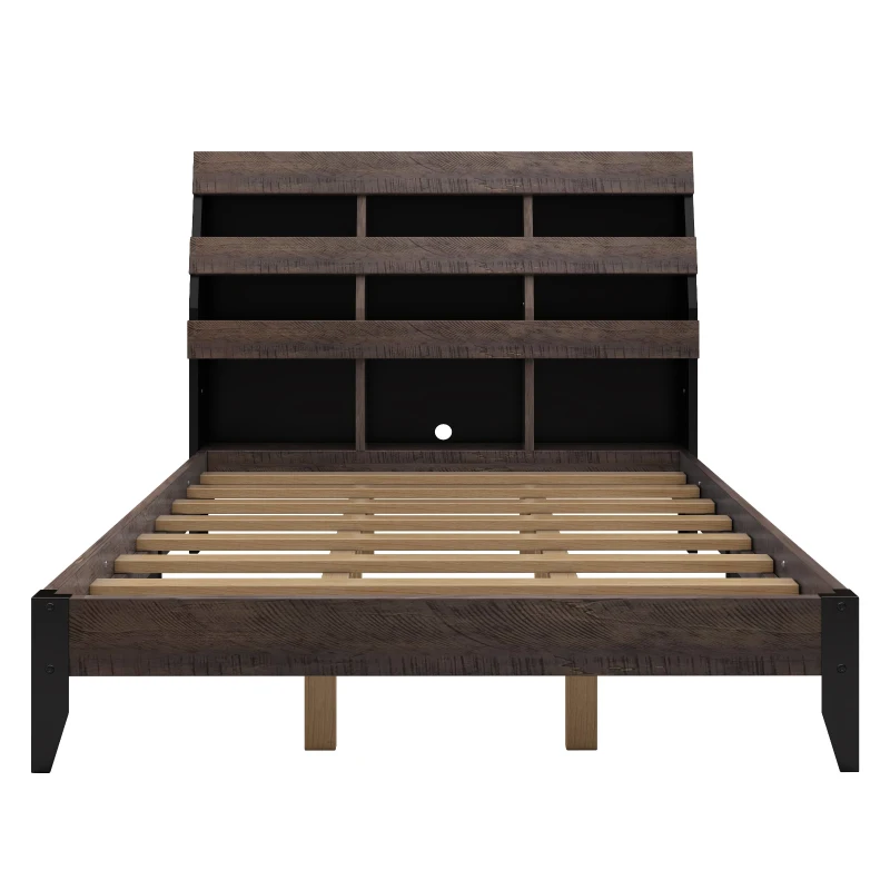 Vinsetto Mid Century Modern Queen Bed Frame with Bookshelf, LED Lights, USB Ports, and Textured Wood Veneer, Walnut+black