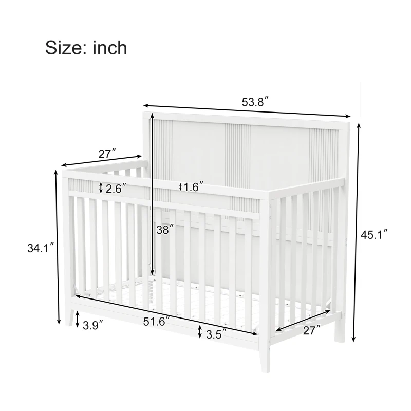 Certified Baby Safe Crib, Pine Solid Wood, Non-Toxic Finish, Adjustable Mattress Height, 53.8" x 27" x 45.1", White