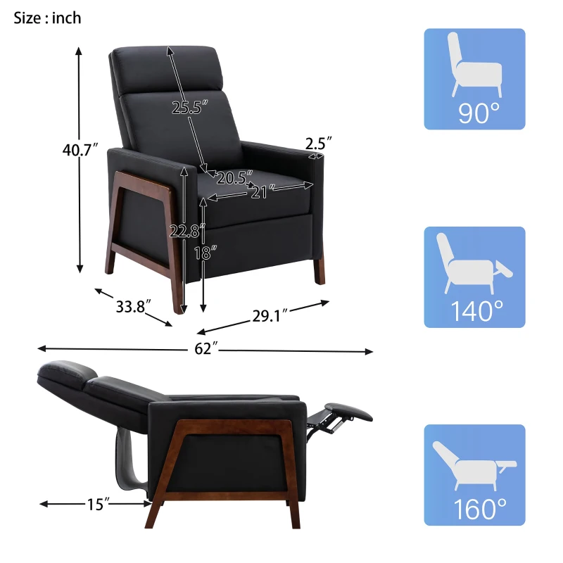 Set of Two Wood-Framed PU Leather Recliner Chairs, Adjustable Home Theater Seating with Thick Seat Cushion and Backrest, Retractable Footrest, 62"D, 330 lbs Capacity, Black PU