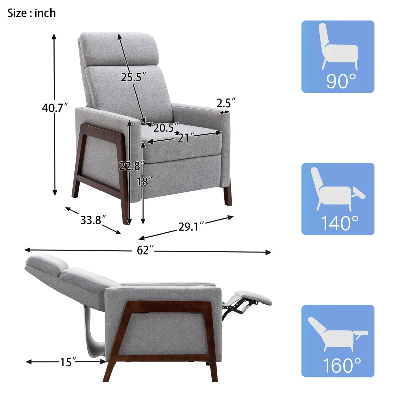Set of Two Wood-Framed Upholstered Recliner Chairs with Adjustable Backrest, Thick Seat Cushion, and Retractable Footrest for Home Theater and Living Room, 62"D, Gray