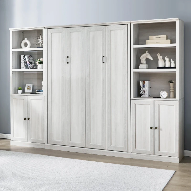 Vinsetto Full Size Murphy Wall Bed with Dual Piston System, 2 Side Cabinets with USB Ports and Shelves, Space-Saving Design, Sturdy Metal Frame, 800 lbs Capacity, Rustic White