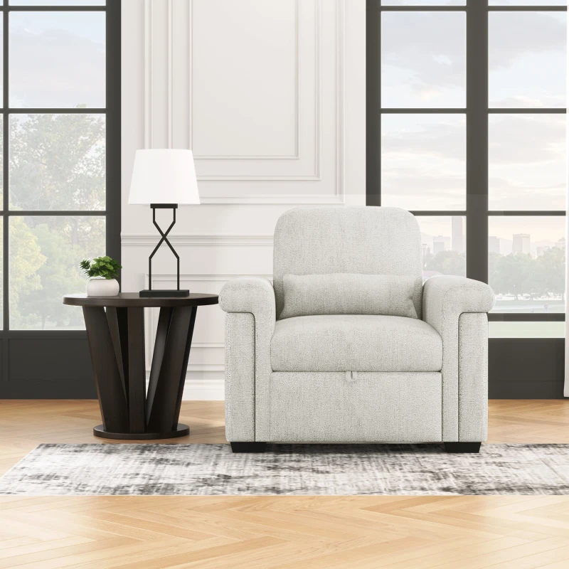 3-in-1 Convertible Sleeper Chair Sofa Bed with Adjustable Backrest and Pillow, Space-Saving Pull-Out Design, Wood and Steel Frame, Beige
