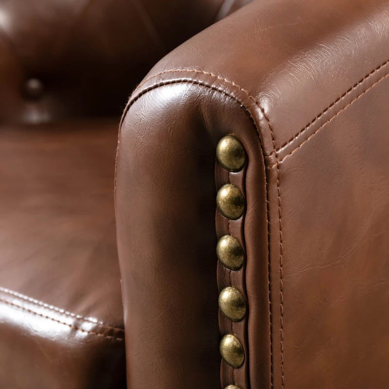 PU Leather Tufted Barrel Chair, Chesterfield-Inspired Design, Rubber Wood Legs, 28.3" x 24.0" x 27.5", Dark Brown