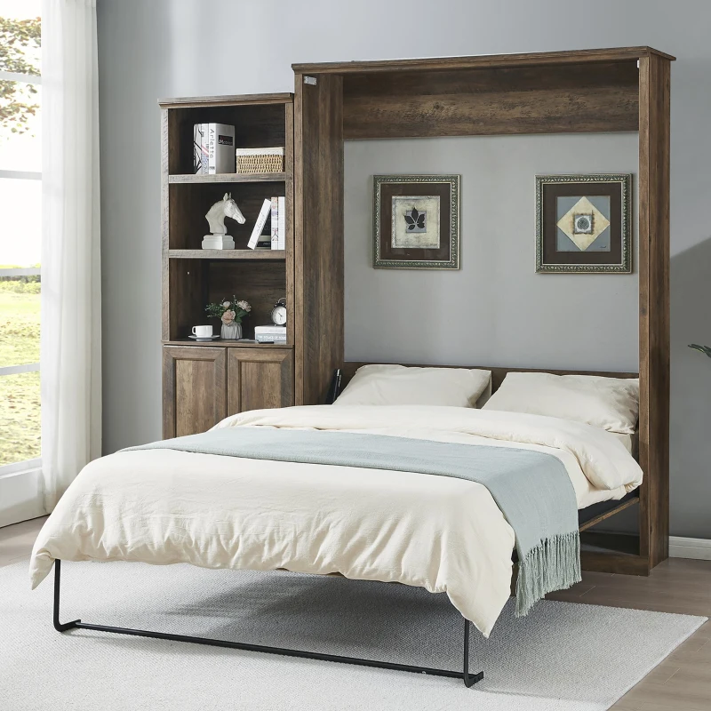 Vinsetto Queen Size Murphy Wall Bed with Side Cabinet, Dual Piston System, Built-in USB Ports, and Ample Storage Shelves, Brown