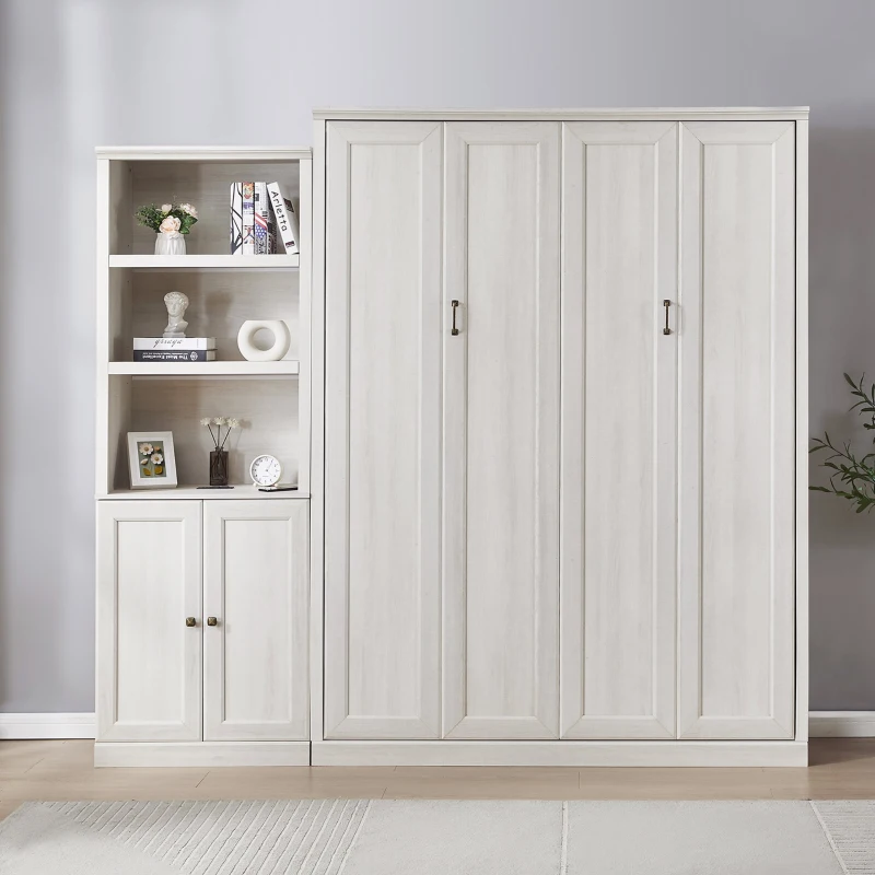 Vinsetto Queen Size Murphy Wall Bed with Side Cabinet, Dual Piston System, Built-in USB Ports, and Ample Storage Shelves, Rustic White