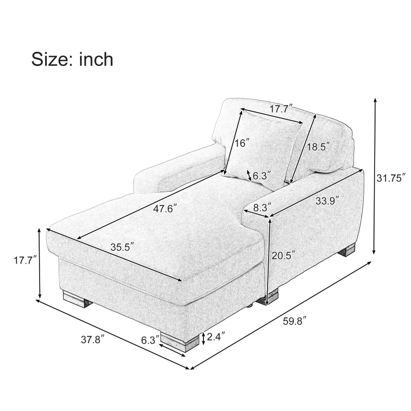 Modern Mid-Century Oversized Chaise Lounger, Comfortable Sleeper Sofa with Pillow and Solid Wood Legs, Linen Upholstery, 59.8''L x 37.8''W x 31.75''H, Gray
