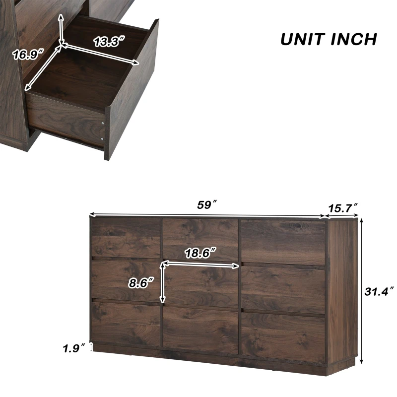Vinsetto Mid-Century Modern 9-Drawer Dresser, Dark Walnut Finish, Scratch Resistant, Smooth Metal Runners, Dark Brown